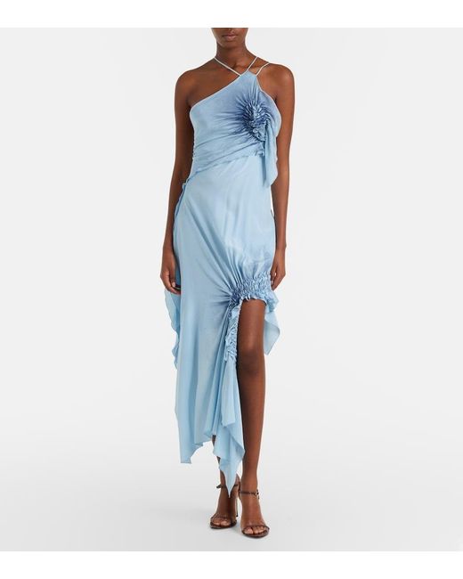 Victoria Beckham Blue Asymmetric Smocked Silk Cocktail Dress