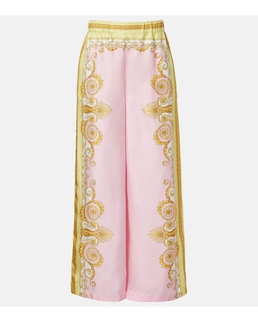 Versace Pink Barocco Foulard Silk Twill Wide-Leg Pants