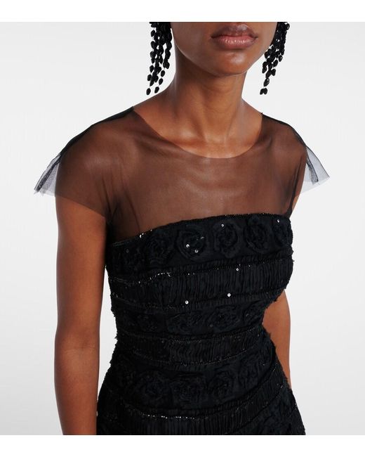 Carolina Herrera Black Floral-Applique Sequined Gown