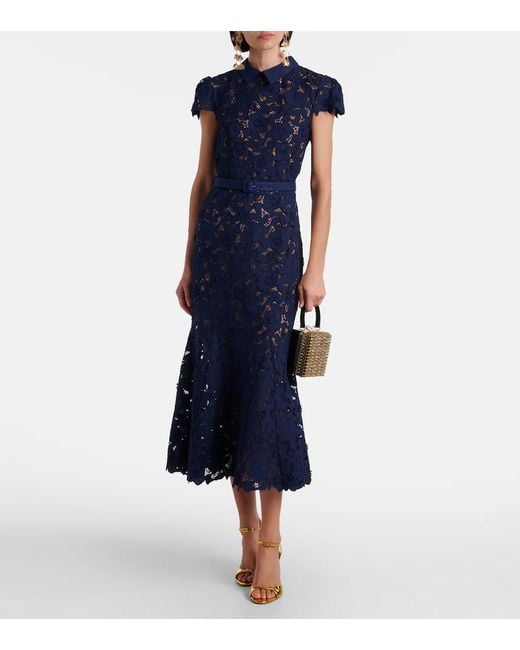 Self-Portrait Blue Belted Lace Midi Dress