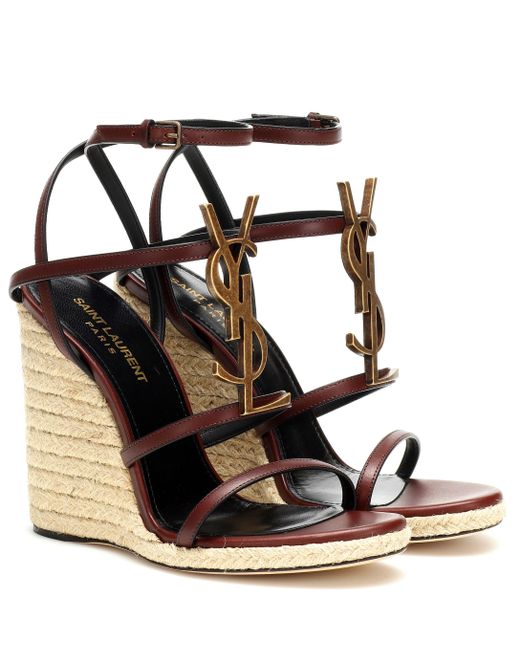 Saint Laurent Brown Cassandra Ysl-monogram Leather Wedge Sandals