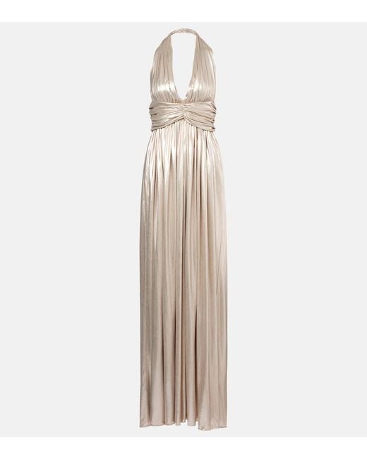 Giambattista Valli Natural Halterneck Open-Back Lame Jersey Gown