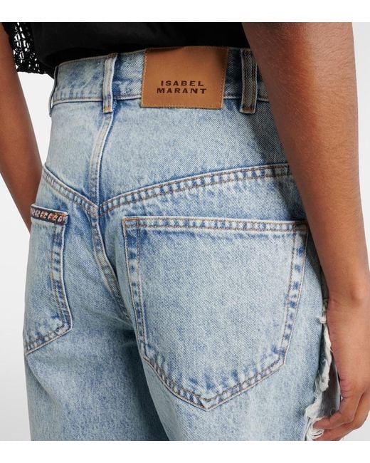 Isabel Marant Blue Maella Embroidered Fringed Straight Jeans