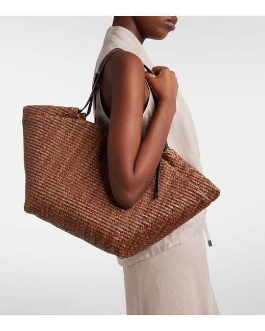 Brunello Cucinelli Brown Large Leather-Trimmed Raffia-Effect Tote Bag