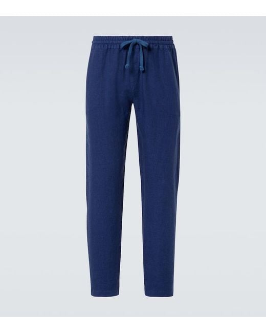 Fedeli Blue Linen Straight Pants for men