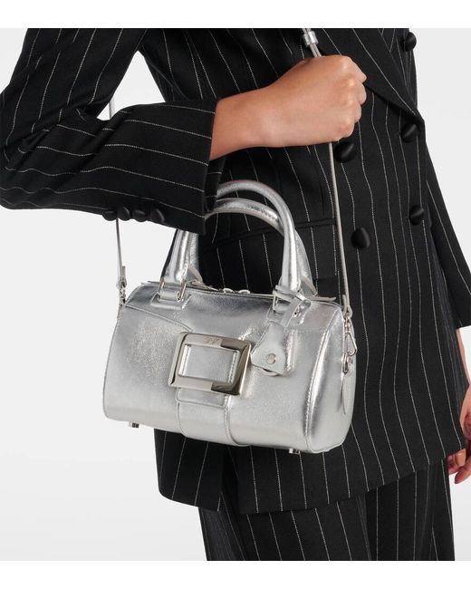 Roger Vivier White Tote Bag Belle Vivier Mini Aus Metallic-Leder