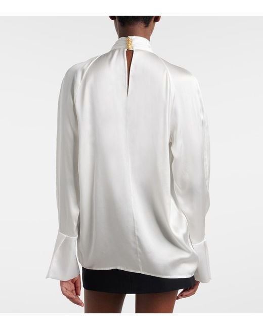 Balmain White Draped Silk Satin Blouse