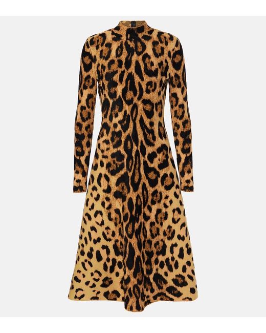 Oscar de la Renta Natural Jaguar Leopard-Print Jacquard Midi Dress