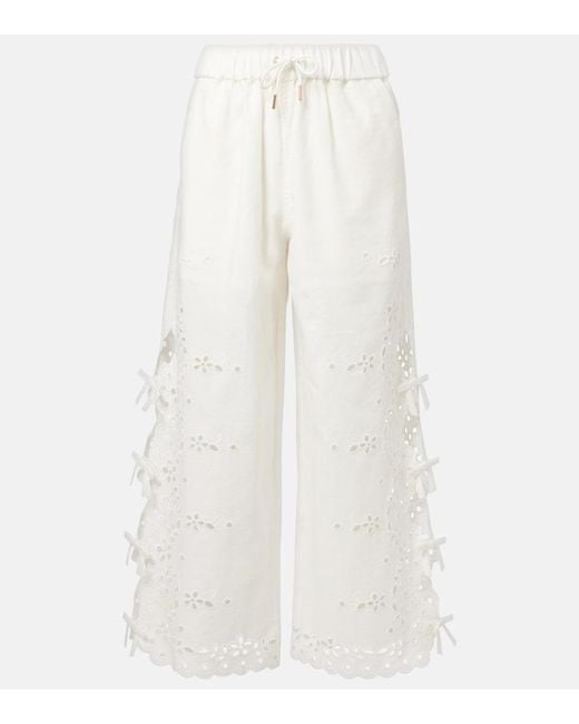Self-Portrait White Embroidered Linen And Cotton Wide-Leg Pants