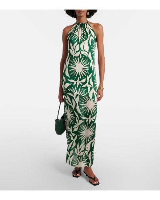 Cala De La Cruz Green Acasia Beaded Printed Halterneck Maxi Dress