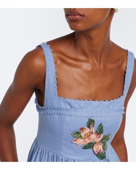 Agua Bendita Blue Barbara Embroidered Linen Maxi Dress