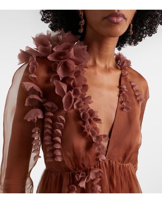 Zimmermann Brown Como Floral-Applique Silk Maxi Dress