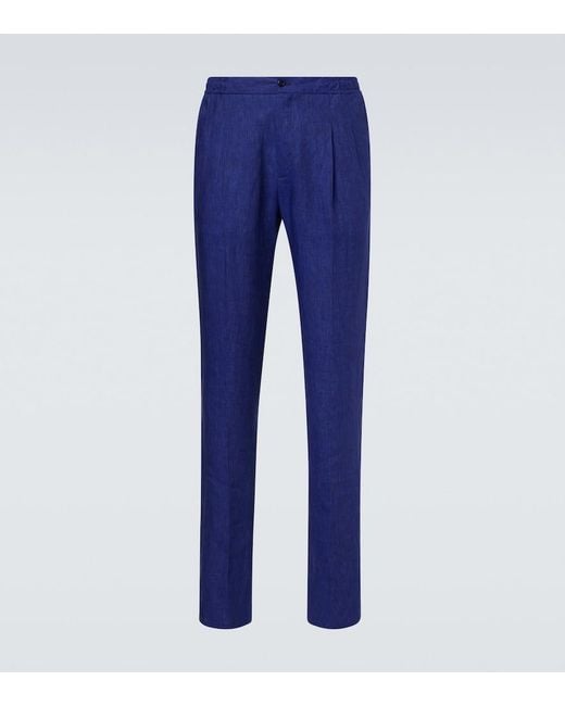 Rubinacci Blue Linen Tapered Pants for men