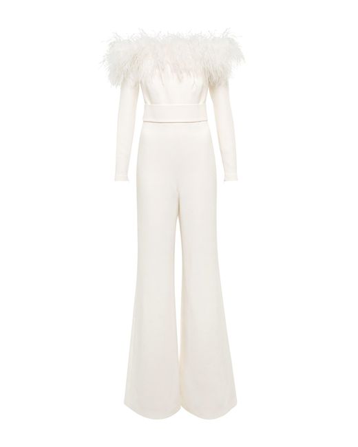 Safiyaa Synthetic Feather-trimmed Jumpsuit in Ivory on Ivory (White) | Lyst