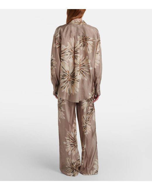 Brunello Cucinelli Natural Floral Silk Pongee Wide-Leg Pants