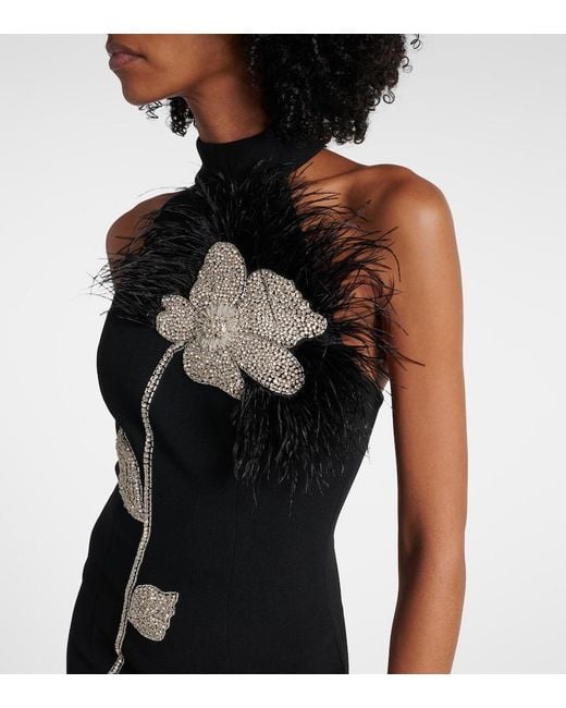 Rebecca Vallance Black Starlight Embellished Feather-Trimmed Gown