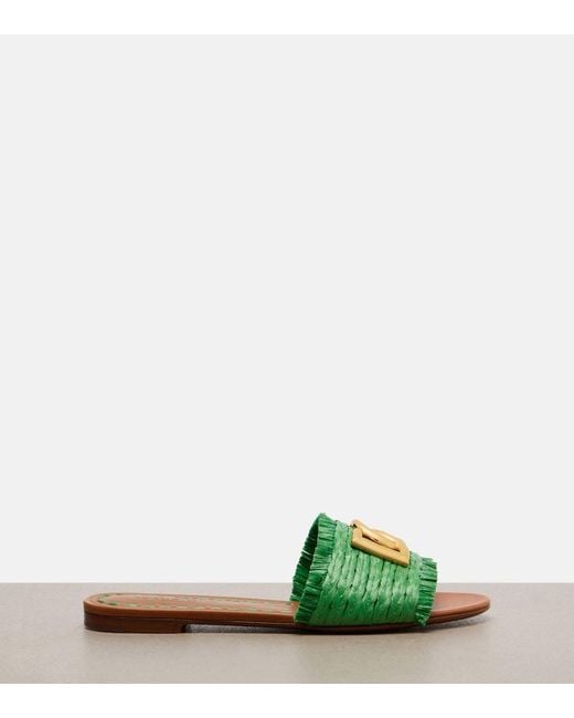Dolce & Gabbana Green Dg Fringed Raffia-Effect Slides