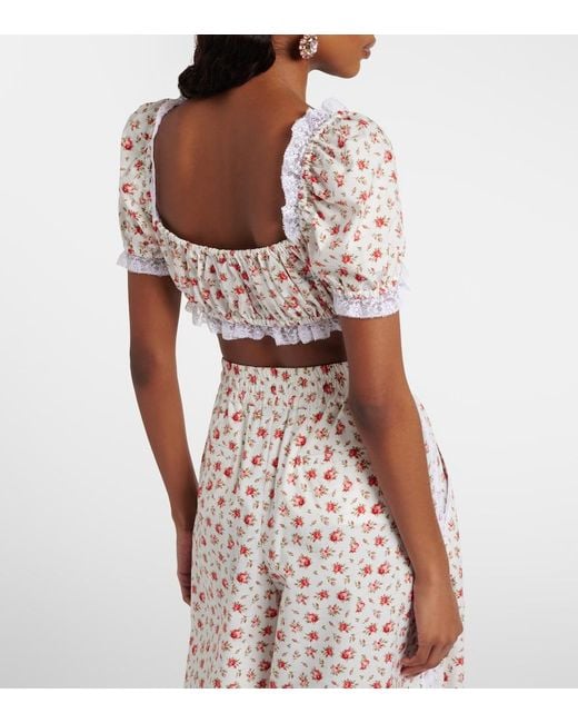 Dolce & Gabbana Pink Floral Lace-Trimmed Cotton Poplin Crop Top