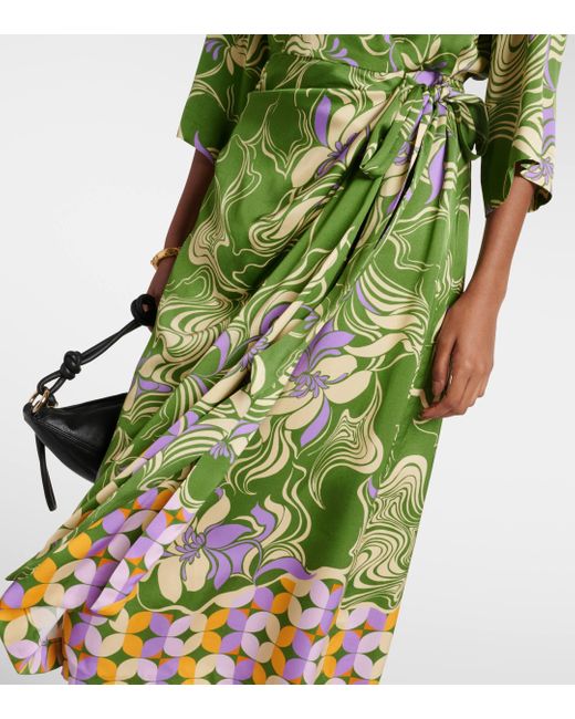 Dries Van Noten Green Printed Satin Wrap Dress