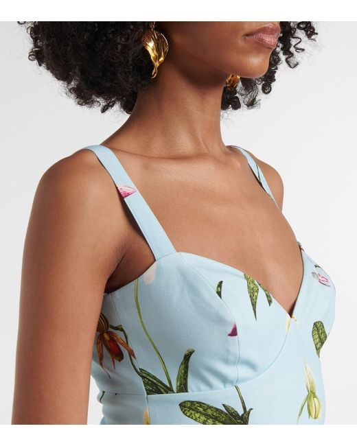 Oscar de la Renta Blue Floral Belted Cady Midi Dress