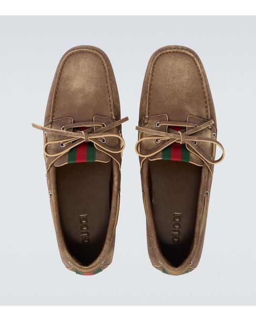 Gucci White Web Stripe Leather Boat Shoes for men