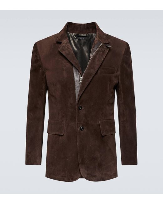 Tom Ford Brown Leather-trimmed Suede Blazer for men
