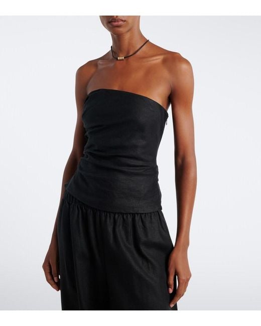 Faithfull The Brand Black Alzira Shirred Linen Strapless Top