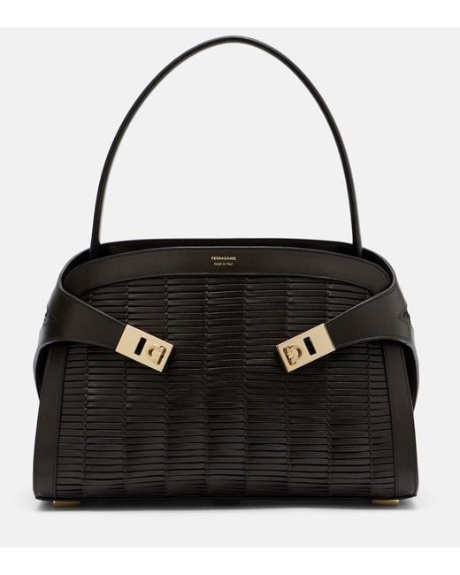 Ferragamo Black Hug Medium Woven Leather Shoulder Bag