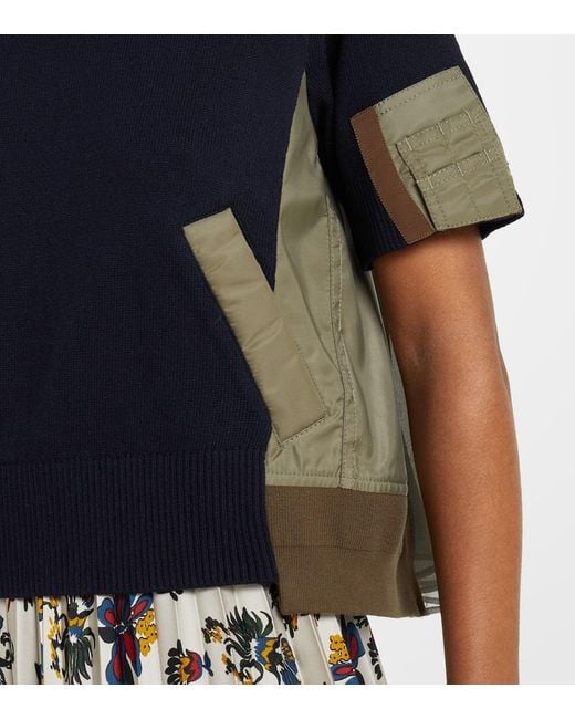 Sacai Blue Paneled Cotton-Blend T-Shirt