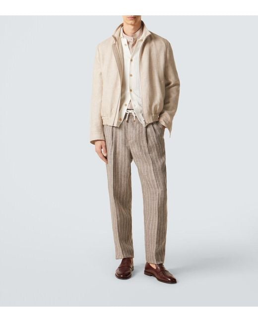 Brunello Cucinelli Natural Chalk Stripe Linen Twill Tapered Pants for men