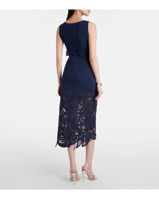 Oscar de la Renta Blue Floral-Applique Lace Midi Dress