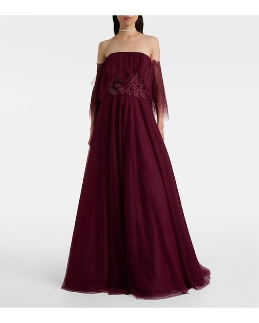 Costarellos Purple Embellished Off-Shoulder Tulle Gown