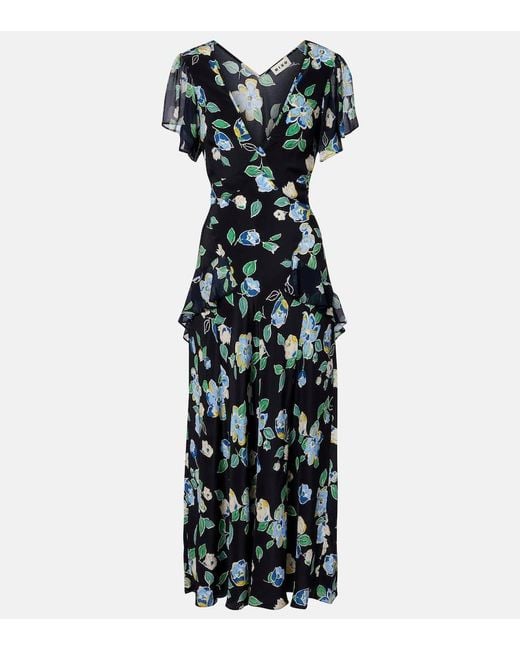 Rixo Black Kimmie Floral Ruffled Silk Midi Dress