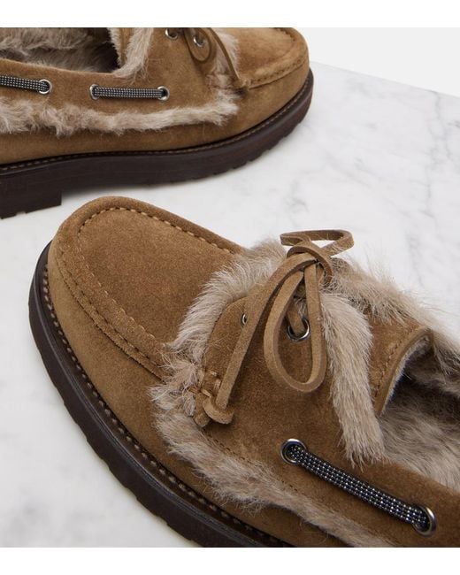 Brunello Cucinelli Brown Shearling-Lined Suede Boat Shoes