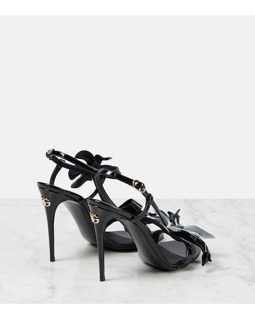 Dolce & Gabbana Black Floral-Applique Patent Leather Sandals