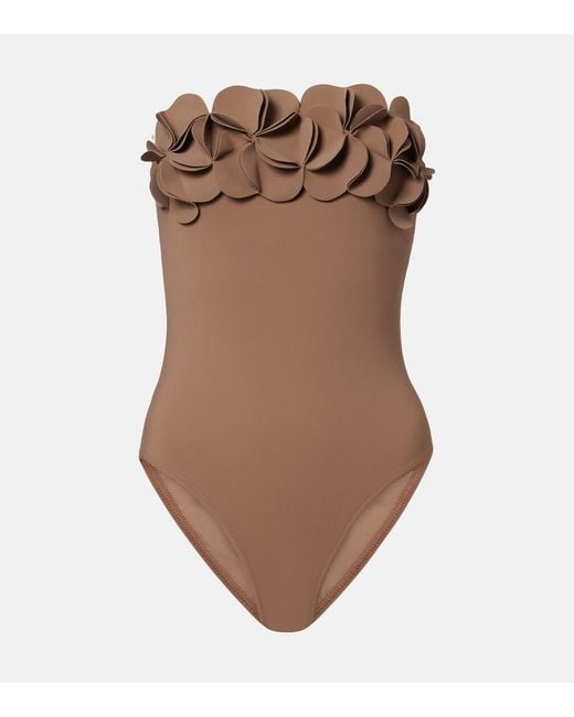 Karla Colletto Brown Tess Floral-Applique Swimsuit