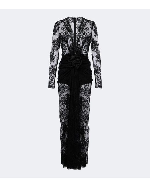 Dolce & Gabbana Black Gathered Cotton-Blend Lace Midi Dress