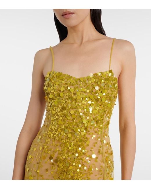 The Attico Yellow Sequined Sheer Mesh Gown