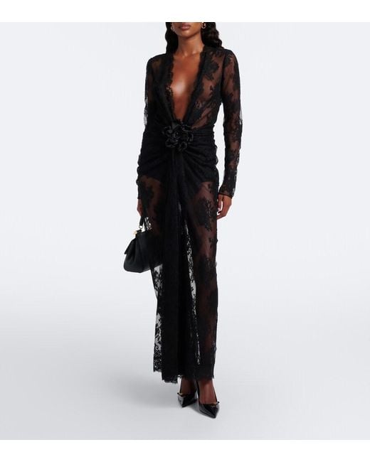 Dolce & Gabbana Black Gathered Cotton-Blend Lace Midi Dress