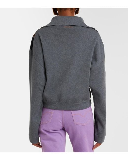 Versace Gray Suede-Trimmed Wool-Blend Zip-Up Sweater
