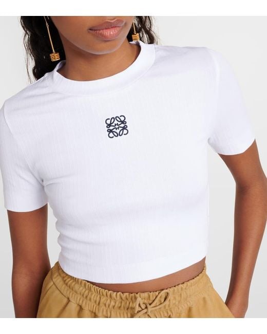 Loewe White Anagram Verkürztes T-shirt Aus Gerippter Baumwolle Mit Stickerei