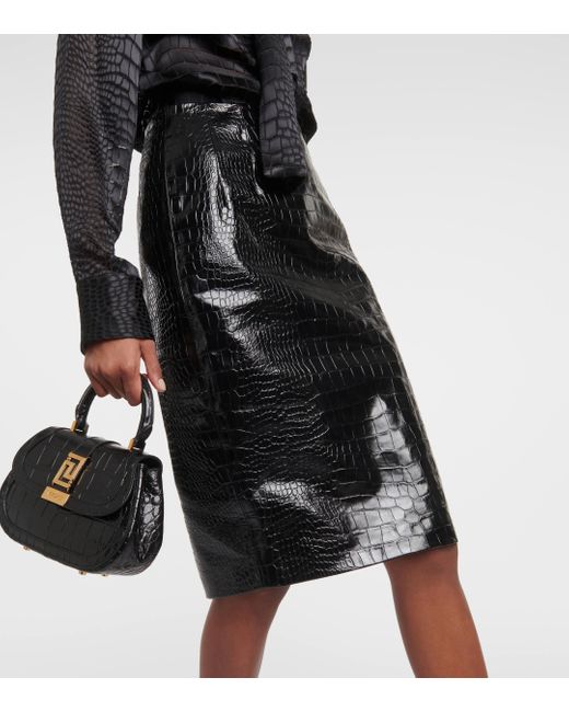 Versace Black Croc-effect Leather Pencil Skirt