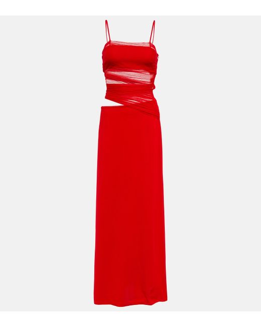 Christopher Esber Red Sheer-detail Ruched Silk Maxi Dress