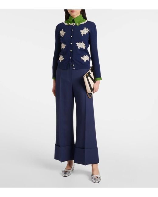 Valentino Blue Lace-Trimmed Virgin Wool Cardigan