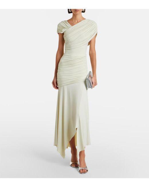 De La Vali White Hela Draped Asymmetric Jersey Midi Dress