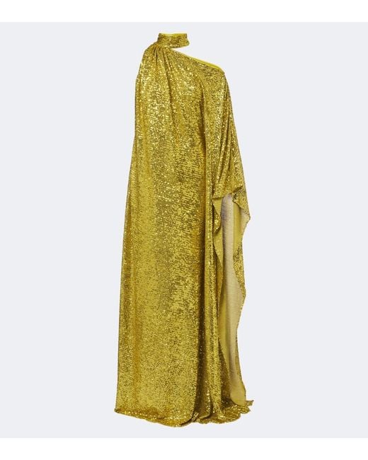 Taller Marmo Yellow Atlas Disco Sequined One-Shoulder Gown