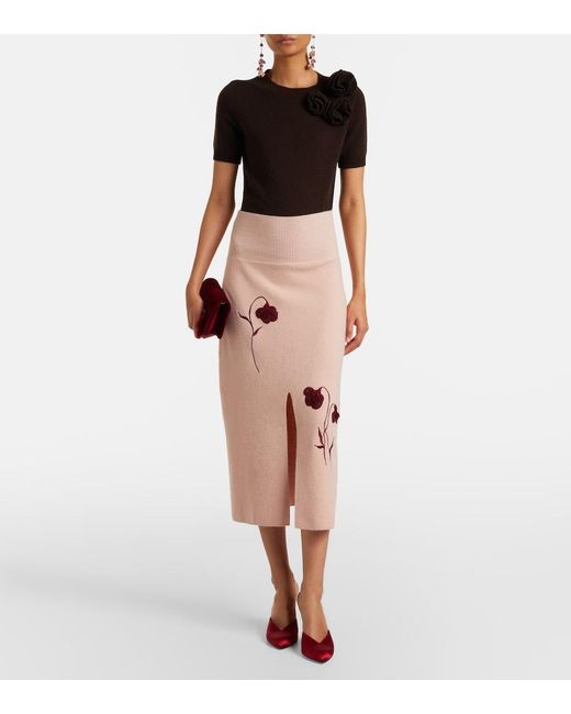 Erdem Pink Floral-Applique Knitted Midi Skirt