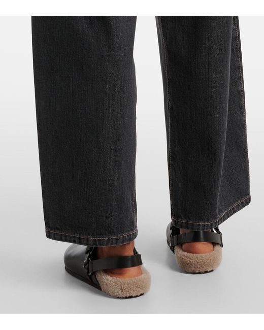 Brunello Cucinelli Black Verzierte Slippers Aus Leder Mit Shearling