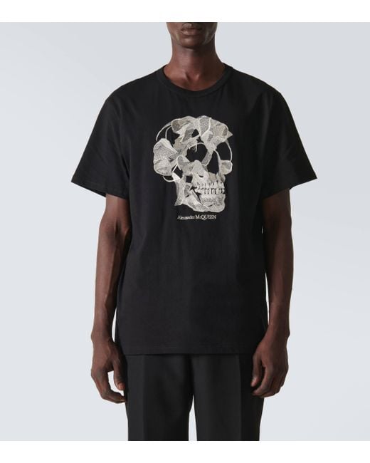 Alexander McQueen Black Skull Embroidered Cotton Jersey T-shirt for men