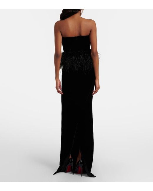 The New Arrivals Ilkyaz Ozel Black Feather-Trimmed Strapless Velvet Gown